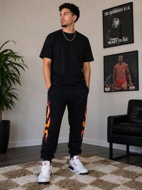 Forever 21 Men Flame Graphic Jogger Sweatpants Black Orange Size XL